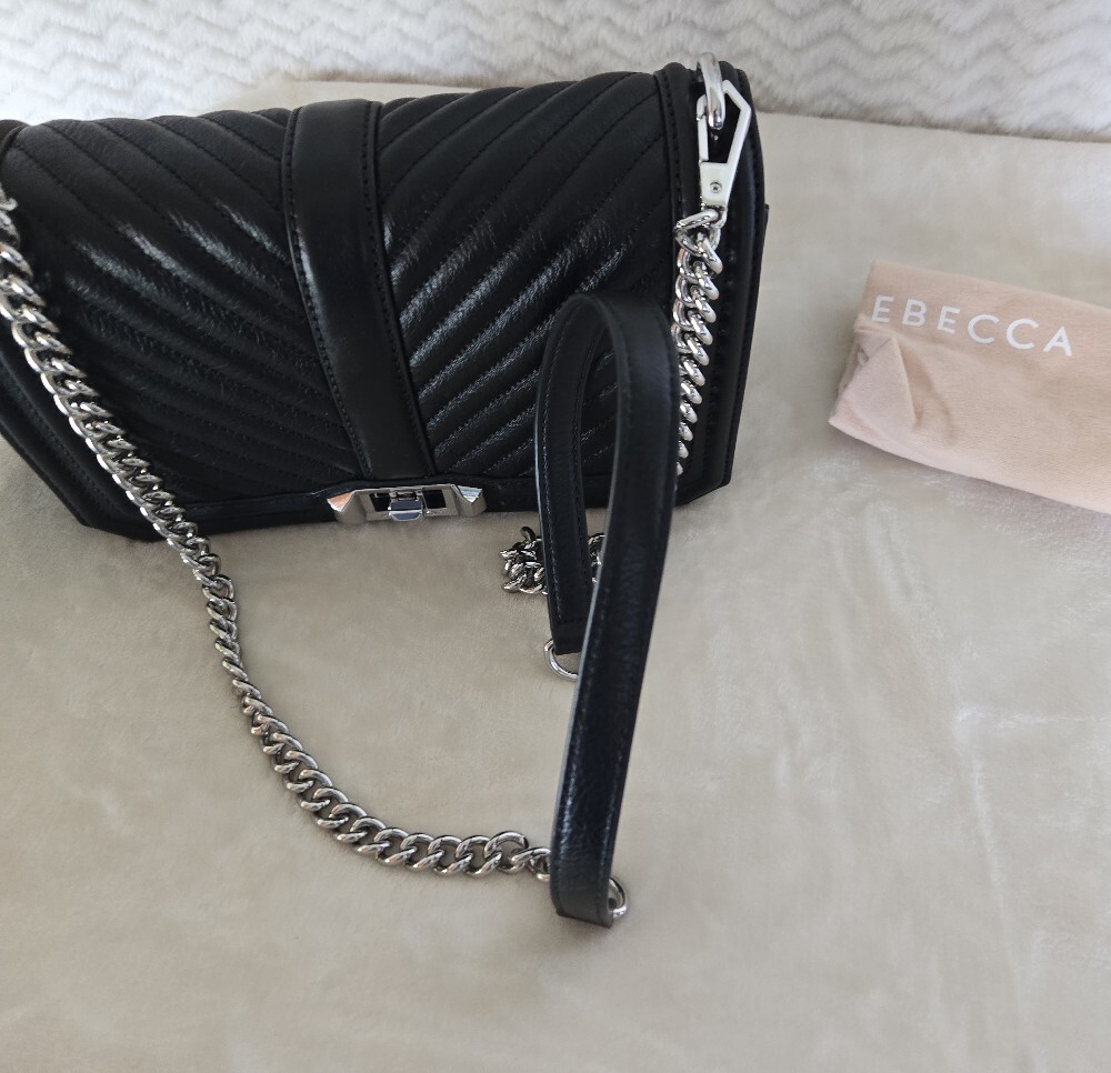 NWT Rebecca Minkoff Black Quilted Leather Crossbody with Silver Chain - Picture 7 of 9